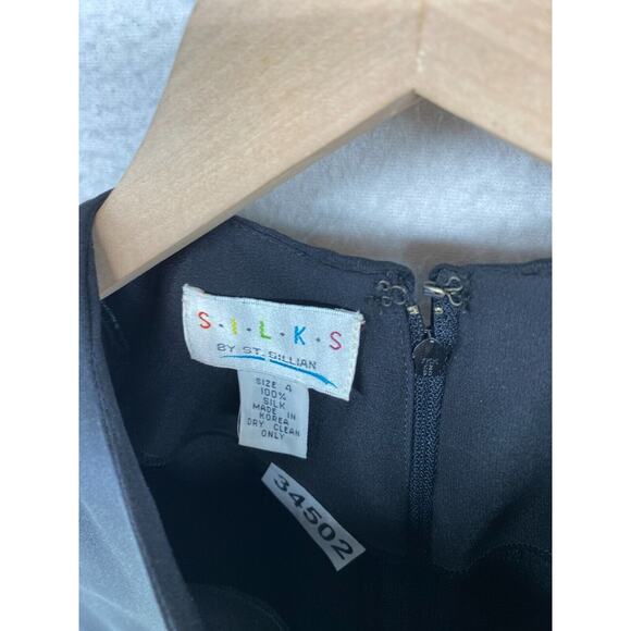 ST. GILLIAN SILKS Dress 4 Sheath Midi Printed Draped Long Sleeve Black Vintage - Picture 13 of 13